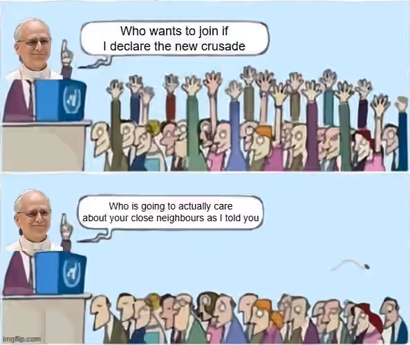 the pope asks a group of people who all will join if he declares a new crusade, and everyone raises their hands in excitement. he asks who all would follow his advice of caring for one's neighbors, and everyone is stunned, with some heads lowered in shame.